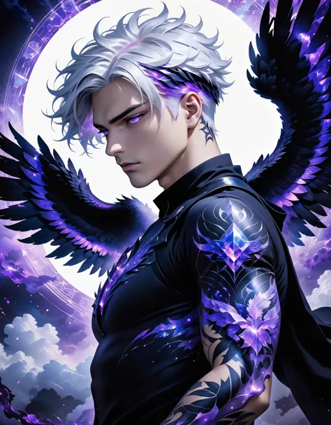 wallpaper quality, solo, male, white hair, black wings, dark clothing, the boy takes on an incredibly powerful appearance: his b...