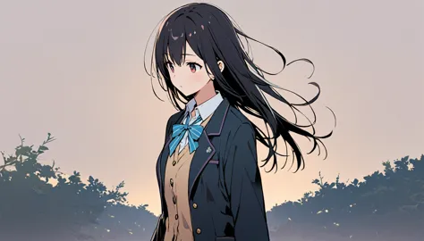 one girl,kotegawa yui,alone,long hair,school uniform,black hair,standing,(background,i&#39;m in the classroom),view your audienc...