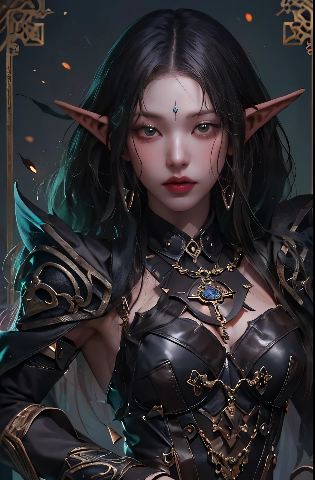 A mysterious half-elf woman, Shadowheart stands cloaked in darkness, her sleek black hair framing a pale, stoic face. Her piercing green eyes reflect both wisdom and guarded secrets, hinting at a troubled past. Dressed in a dark, form-fitting leather outfit adorned with intricate silver clasps and religious symbols, she carries a crescent-shaped amulet of Shar, the goddess of darkness and loss. Her demeanor is one of cautious grace, walking the line between confidence and vulnerability. Shadowheart's aura emanates a mix of quiet strength, faith, and an internal struggle between loyalty and personal doubt