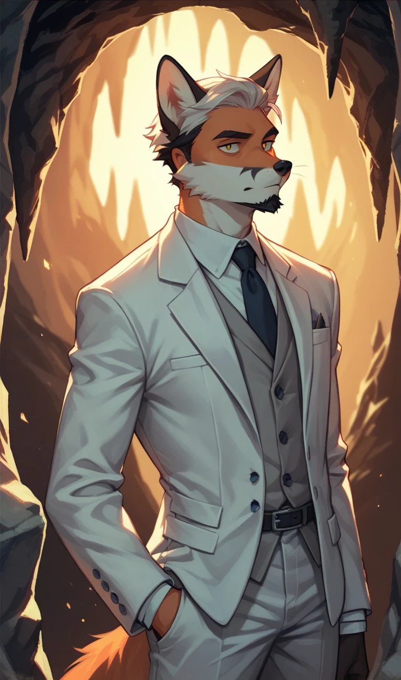 A fox cave, with short beard, white suit, Pompadour hairstyle standing at night in low lighting.