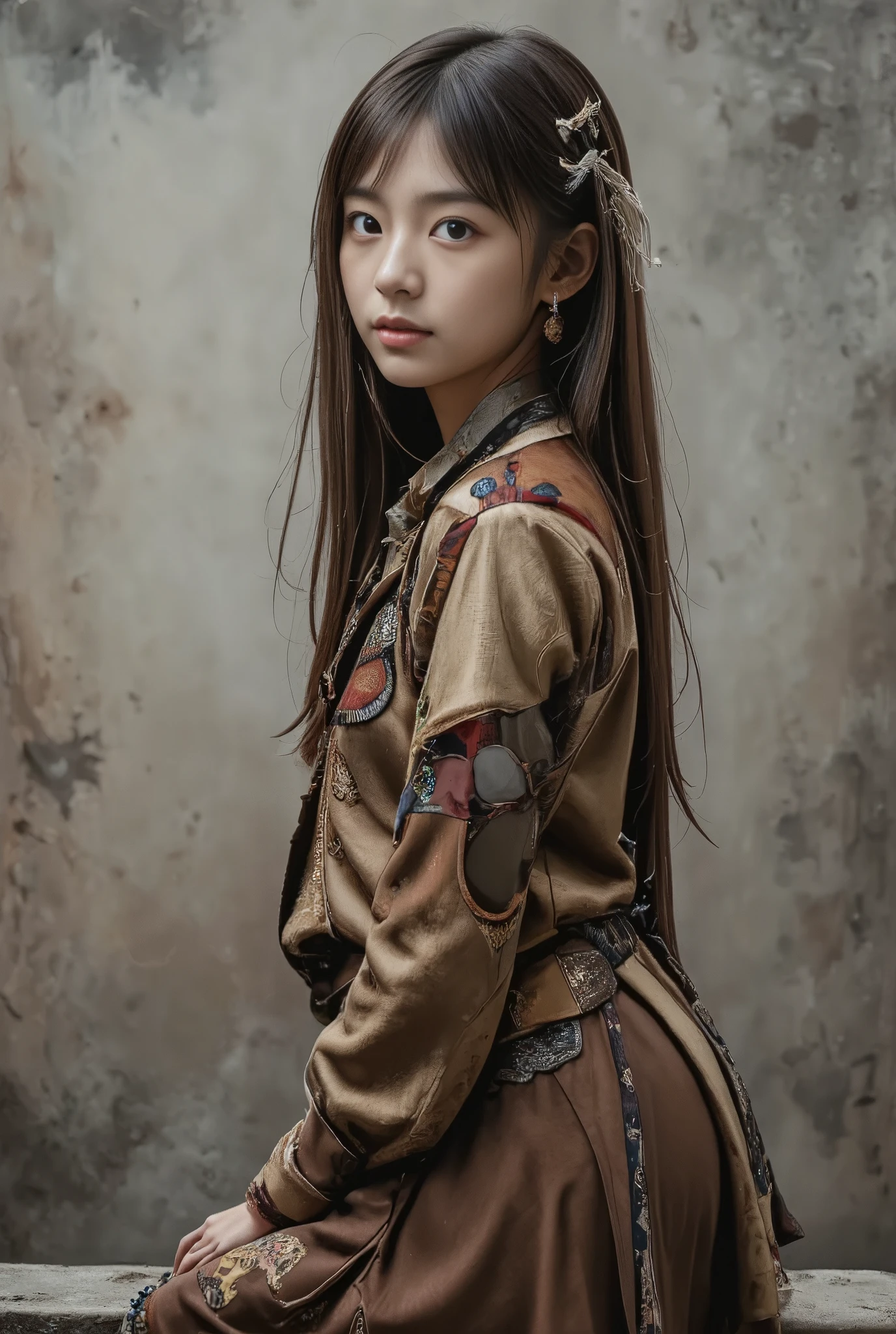 photo of Japanese girl, 1girl, long hair, brown hair, 

A Japanese girl against a rustic concrete wall that radiates a hard texture. She is posed in a seated pose, but with a dynamic and somewhat theatrical stance. Layered skirts fuse earthy colours, textured tops embellished with embellishments and beads, and decorative headpieces add a dramatic flair to her ensemble. The look is intense. This set-up and styling, combined with the desaturated colour palette of the background, evoke a mood of rustic fashion and artistic expression. The woman's strong gaze as she turns away from the viewer invites speculation about her thoughts, making the image even more intriguing.