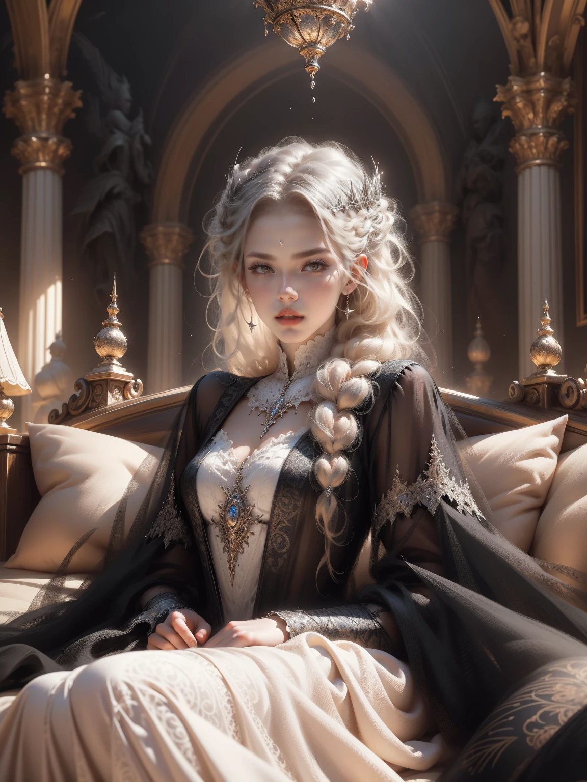 { - anatomy error}(Masterpiece - Ultra-detailed, very high resolution) Prepare to be enchanted by a true masterpiece that combines ultra-detailed art with high-resolution rendering. This work depicts a mesmerizing woman with long blonde hair (1.3) and captivating blue-gray eyes (1.2), emanating an aura of elegance and mystery in Victorian settings. The intricate details and realistic textures invite you to explore every aspect of this enchanting composition. Woman wearing beautiful classic Victorian costume from the year 1878. (White dress). Smiling. Happy face. Red lips. Lying on the bed, lying full body, resting, dynamic poses. Get ready to dive into a world where beauty and craftsmanship merge perfectly.