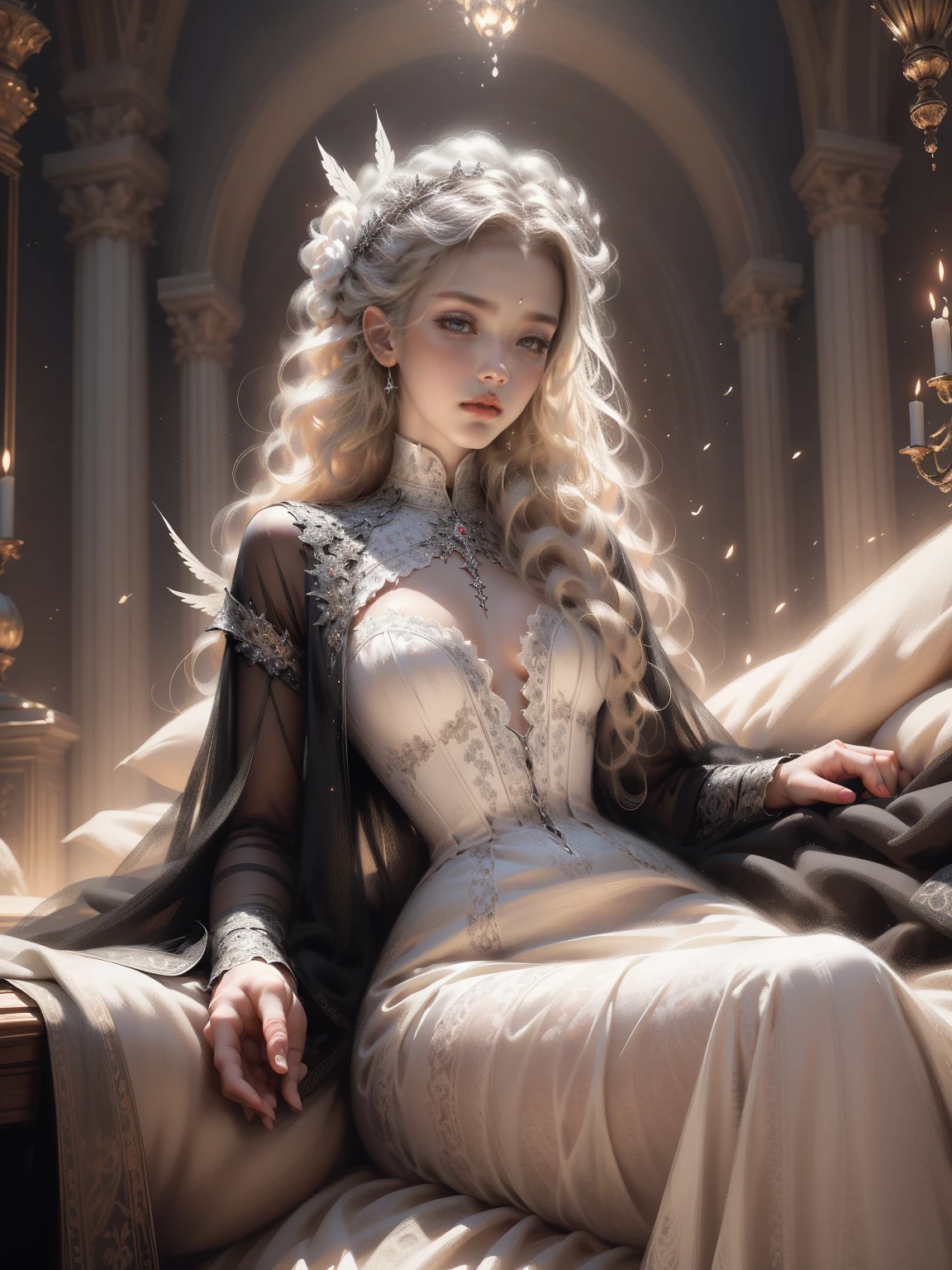 (Masterpiece - Ultra-detailed, very high resolution) Prepare to be enchanted by a true masterpiece that combines ultra-detailed art with high-resolution rendering. This work depicts a mesmerizing woman with long blonde hair (1.3) and captivating blue-gray eyes (1.2), emanating an aura of elegance and mystery in Victorian settings. The intricate details and realistic textures invite you to explore every aspect of this enchanting composition. Woman wearing beautiful classic Victorian costume from the year 1878. (White dress). Smiling. Happy face. Red lips. Lying on the bed, lying full body, resting, dynamic poses. Get ready to dive into a world where beauty and craftsmanship merge perfectly.
 
