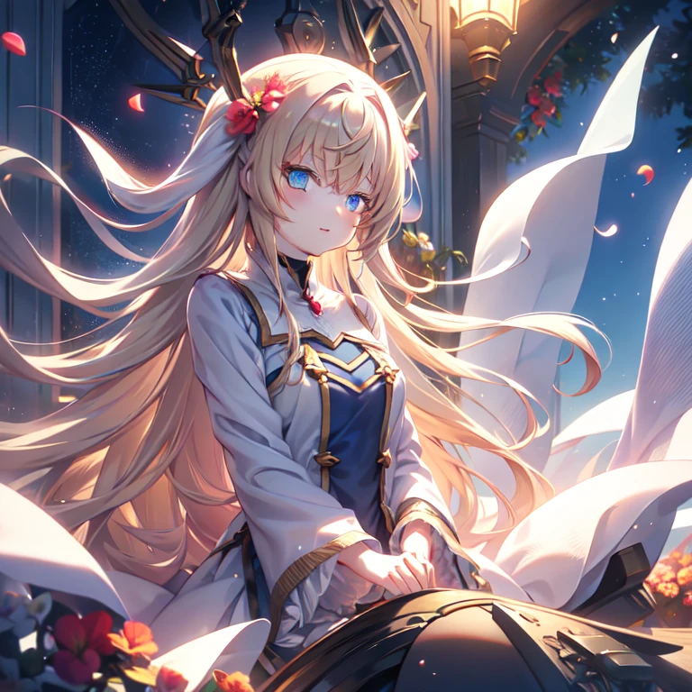 Anime illustration,far and near method, Fisheye Shot, Ultra Wide Angle, Flower Field、Girl sitting on the center chair、Gothic black clothing、blonde、Sleek Long Hair、blue eyes、sitting on a chair drinking tea、My hair is blowing in the wind、Fluttering petals、Light effects