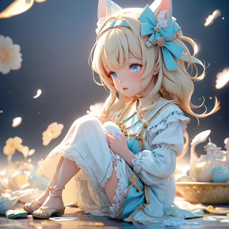 One Girl, Alice, Alone, blue eyes, Blonde, Blue hair ribbon, Long Hair, Puff sleeves, White apron, Blue Dress, white thighhighs小さな胸, sweat, (Glowing Skin), Highly detailed outdoor environments, Beautiful Face, A beautiful girl is having a pleasant nap in the shade, Alice・イン・ワンダーランド, Aliceは大きな木にもたれて眠っている, Beautiful fields, The river flows, Aliceの周りに古い本が約5冊ある, One of them is open, トランプがAliceの周りにあり、There are about 10 playing cards, Hearts and diamonds are red, Spades and clovers are black, 1つのポケットウォッチがAliceの眠っている顔の近くに落ちている, Pocket watches are beautiful、It looks very expensive, Gentle Breeze, White Flower, peace, Story Scene,