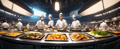 A cooking battle between two chefs, ((Side-by-side open kitchen, A special kitchen in the center of the stadium:1.1)), Large crowd watching a cooking battle, ((Beautiful detailed eyes, Beautiful detailed lips, Very detailedな目と顔, Long eyelashes, Chef uniform, Serious expression)), Cooking skills, Various cooking ingredients, Pots and pans, Professional kitchen equipment, Dynamic camera angles, Wide angle:1.2, Bright lighting, Vibrant colors, Cinematic composition, Dramatic lighting,  (Best Quality:1.2, Very detailed, Game Style, Detailed CG illustration, Ultra-high resolution, High Contrast, masterpiece:1.2, Best aesthetics).