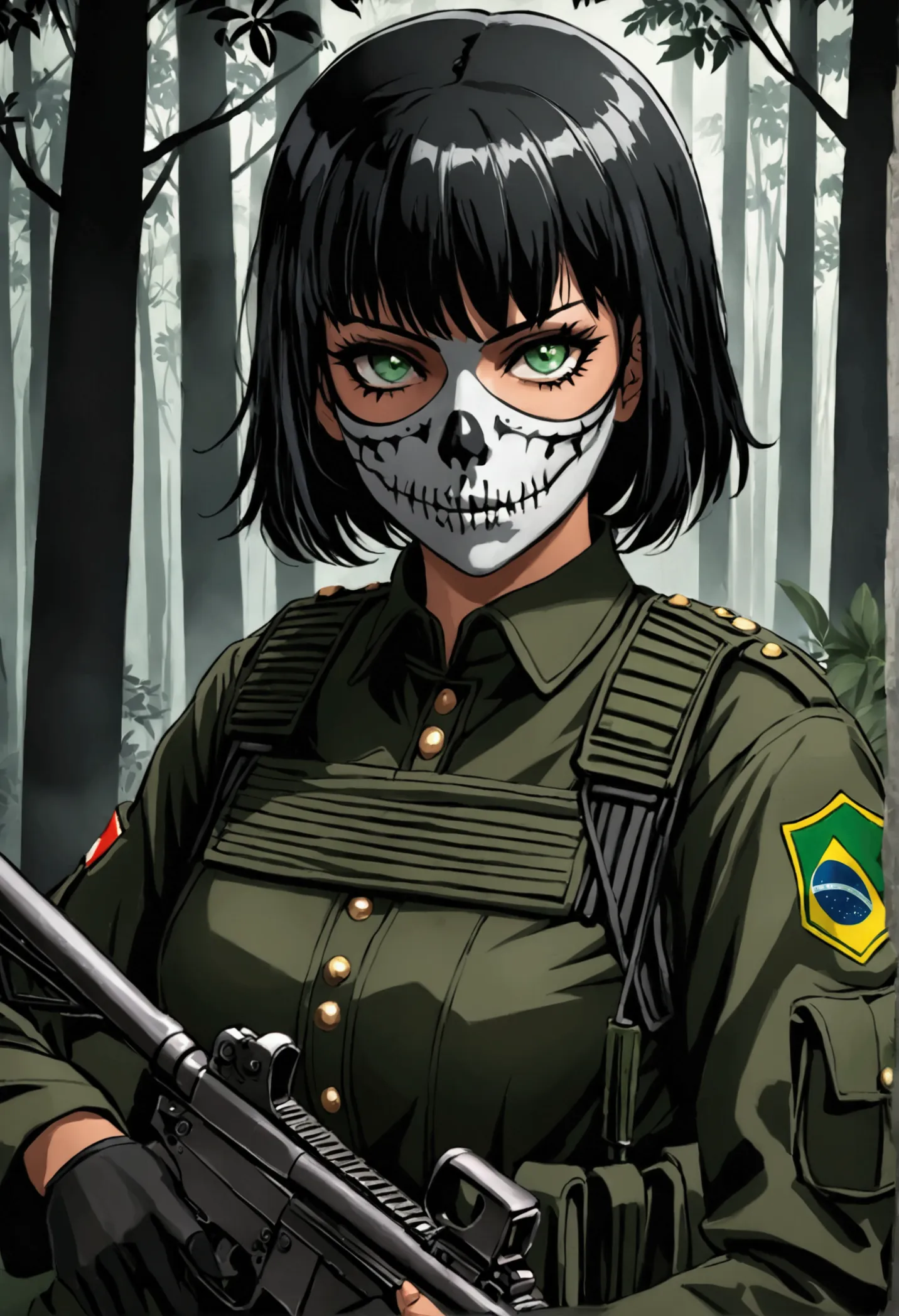 Brazilian woman soldier, Brazilian short black hair, green eyes, skull face paint, black military uniform, brazil, strong woman, night operation in the forest, stealth.