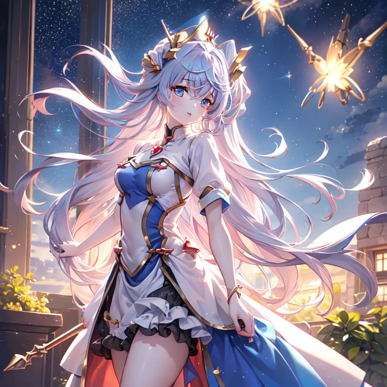 As Cure Nova, her outfit features a blend of silver and red, Decorated with starry sky design and shooting star elements. she、Equip a space-themed staff that enhances star-based attacks., Red accents on the outfit、It represents the fiery energy of the stars.. Anime Magical Girl