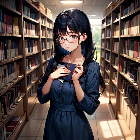 a neat girl with long straight navy blue hair, wearing a modest navy dress, holding a book close to her chest, standing in a qui...