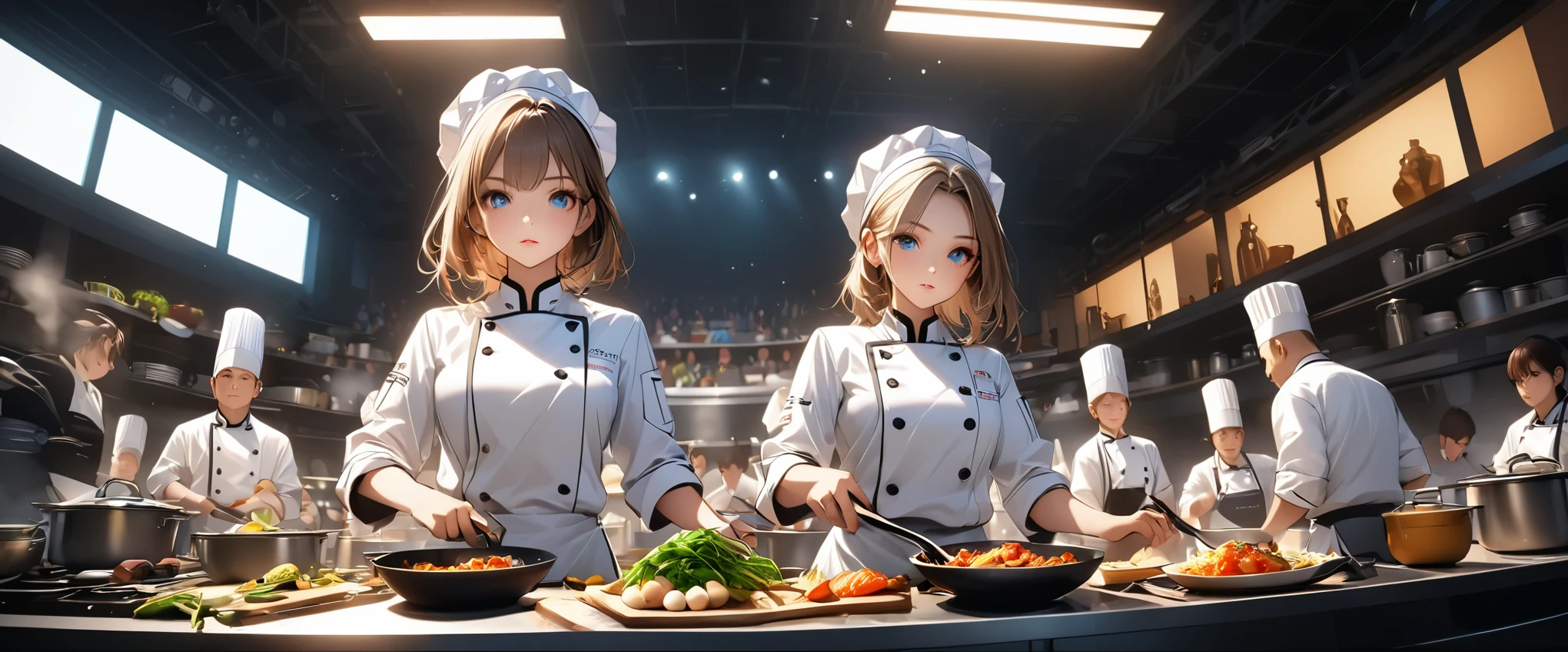 A cooking battle between two chefs, ((Side-by-side open kitchen, A special kitchen in the center of the stadium:1.1)), Large crowd watching a cooking battle, ((Beautiful detailed eyes, Beautiful detailed lips, Very detailedな目と顔, Long eyelashes, Chef uniform, Serious expression)), Cooking skills, Various cooking ingredients, Pots and pans, Professional kitchen equipment, Dynamic camera angles, Wide angle:1.2, Bright lighting, Vibrant colors, Cinematic composition, Dramatic lighting,  (Best Quality:1.2, Very detailed, Game Style, Detailed CG illustration, Ultra-high resolution, High Contrast, masterpiece:1.2, Best aesthetics).