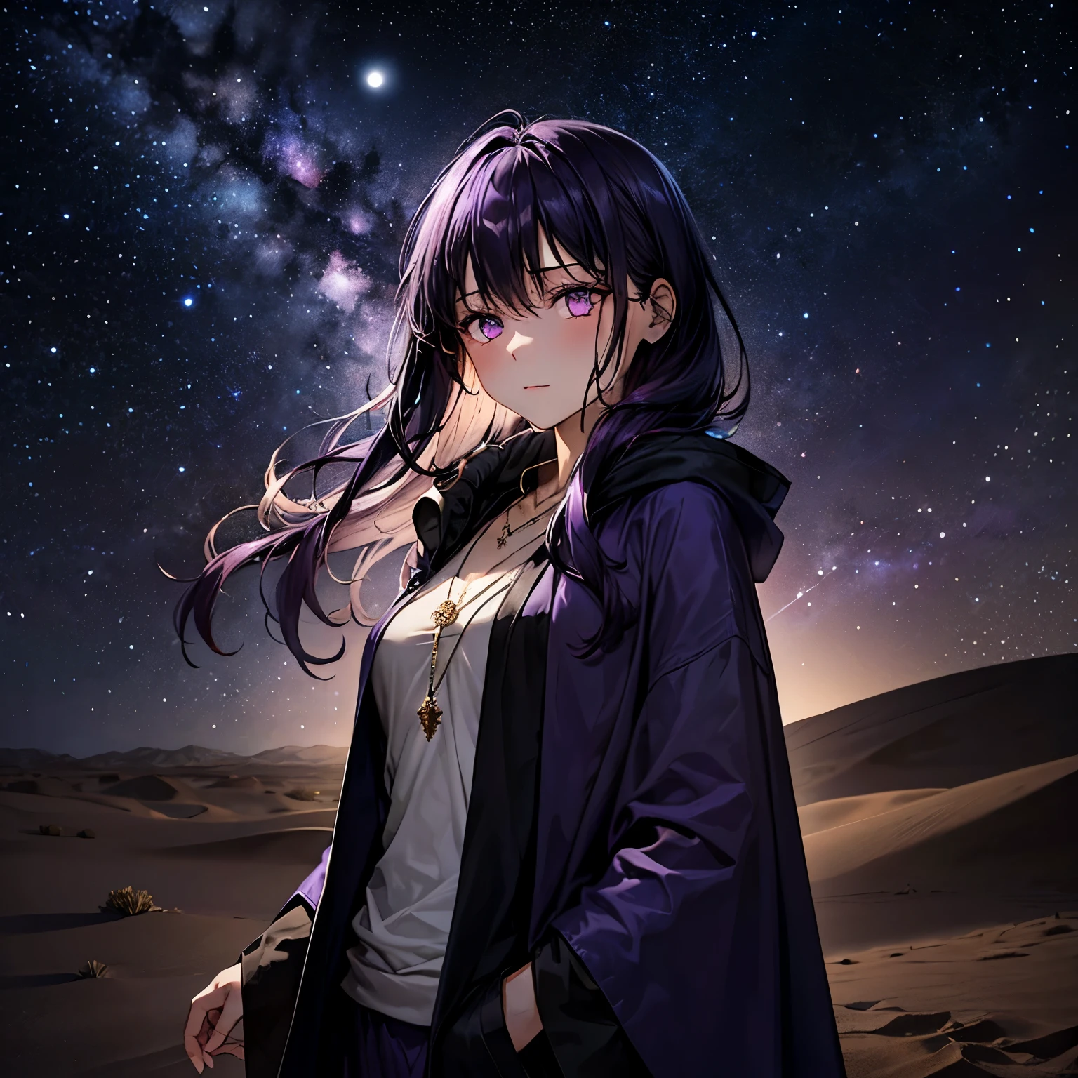 A mysterious girl with long dark purple hair, wearing a flowing cloak, adorned with a scorpion-shaped pendant, standing in a desert under a starry night sky, intense gaze, moonlight casting shadows, wind gently blowing her hair, high detail, dramatic lighting