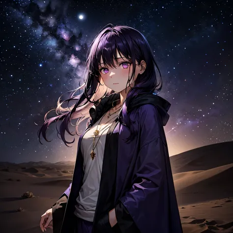 a mysterious girl with long dark purple hair, wearing a flowing cloak, adorned with a scorpion-shaped pendant, standing in a des...