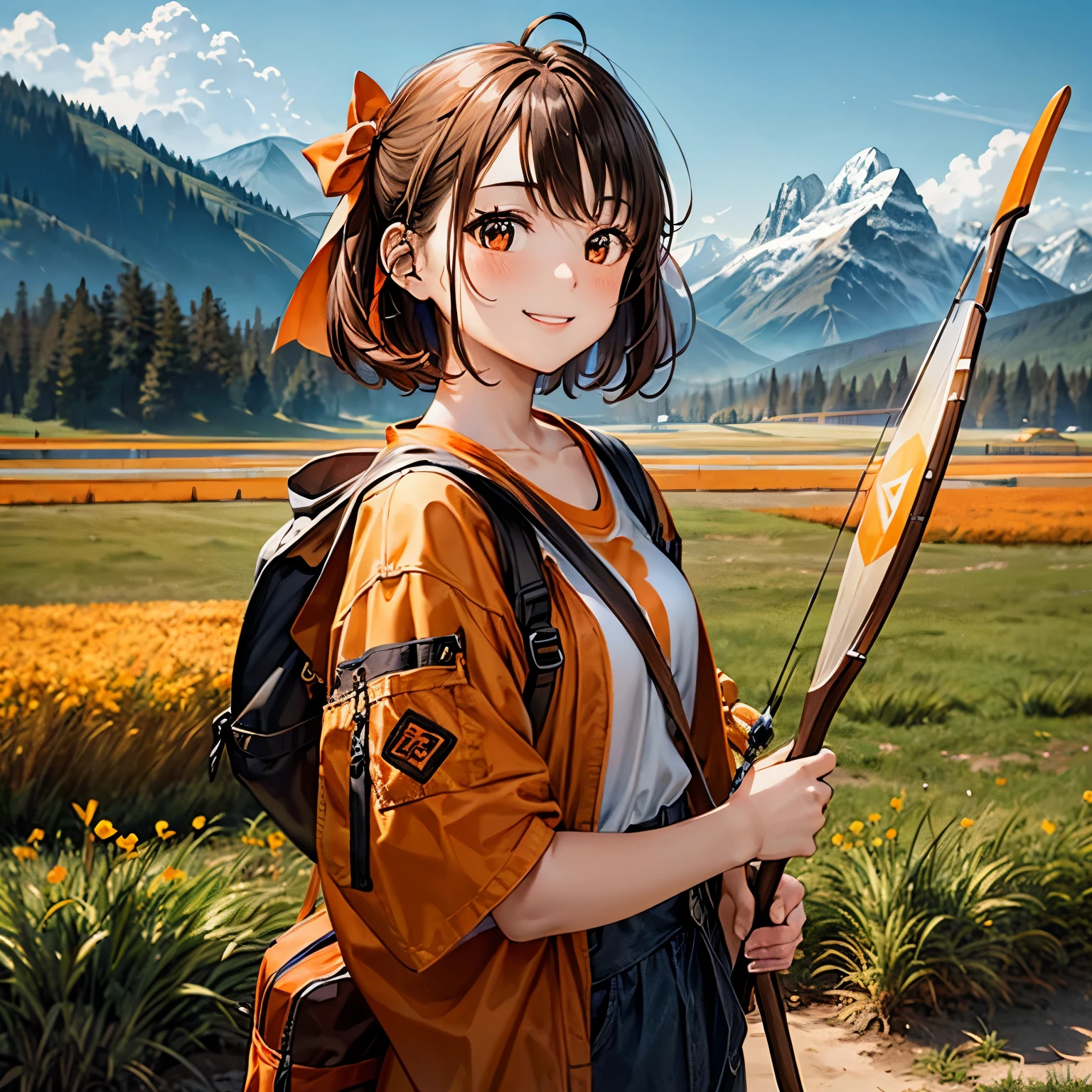 An adventurous girl with short chestnut hair highlighted in orange, wearing casual outdoor attire in orange tones, holding a sleek bow with a quiver of arrows, standing in an open field with majestic mountains in the distance, smiling brightly, dynamic pose, high detail, vibrant colors