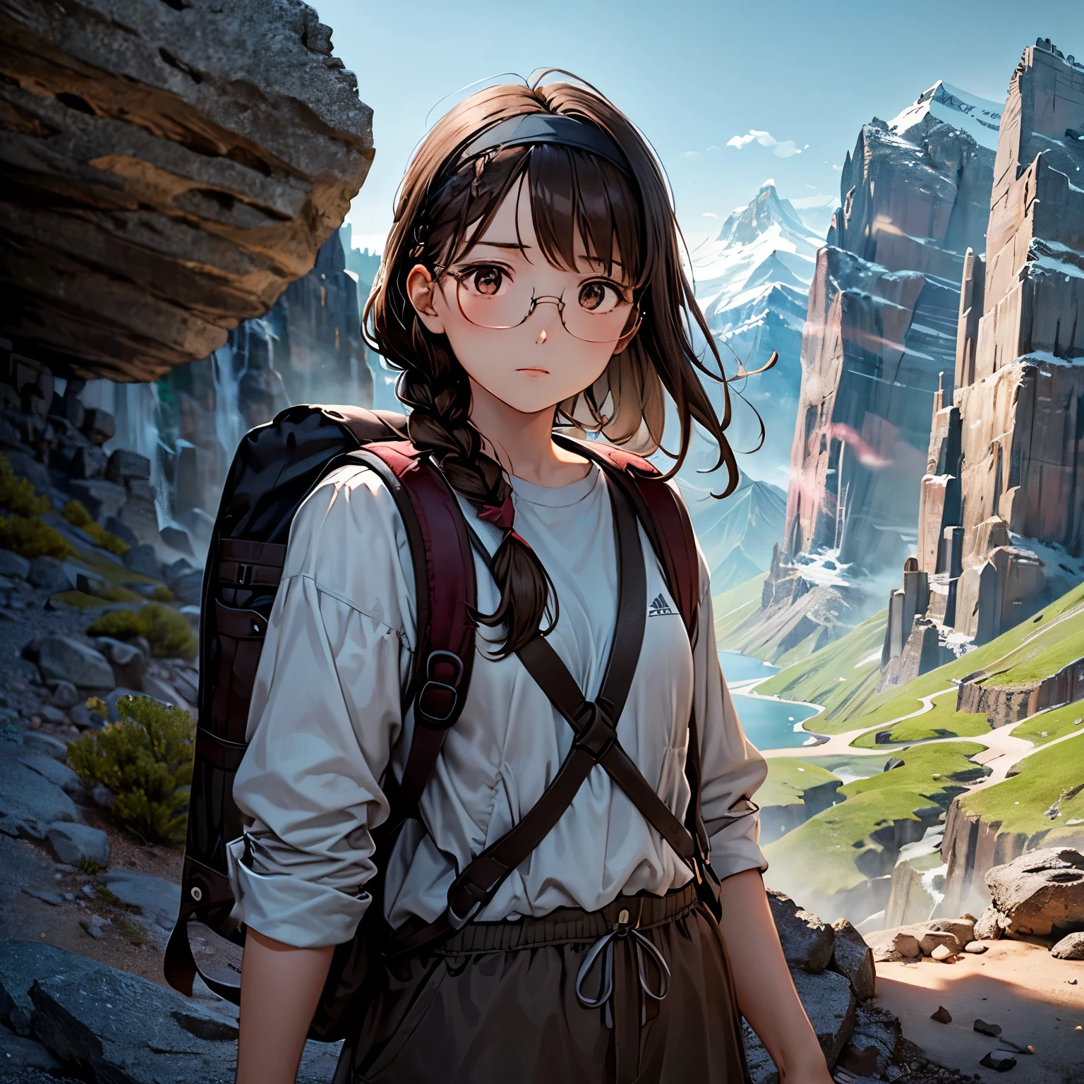 A determined girl with long brown hair tied in a practical braid, wearing a headband with small goat horns, dressed in sturdy hiking gear in shades of brown, climbing a rocky mountain path, focused expression, backpack over her shoulder, high detail, realistic lighting