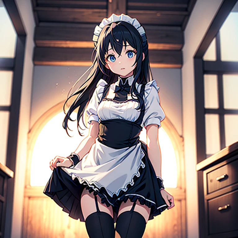 ((Kyoto Animation Style)), Ultra-precision, masterpiece, Very very beautiful, woman, ((一人のwoman:1.5)), (Alone:1.5), All-black clothing, Dark Blue Hair, Black Eyes, ((Small breasts:1.5)), ((i am sick:1.5)), Big Eyes, ((Thin thighs:1.5)), ((Very long hair)), ((Straight Hair)), (Middle parted hair:0.7), 20 years old, ((Old-fashioned maid outfit:1.5)), ((Black tights:1.5)), underwear, Dynamic pose, Cowboy Shot, Looking straight into the camera, , walk, Bright interior, ,