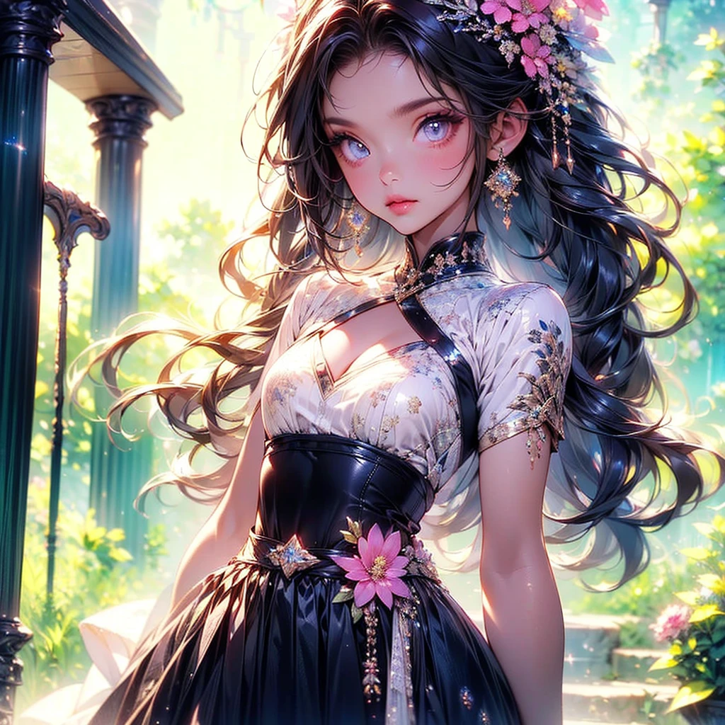 1girl,Handsome face、Absurd、Mysterious、(((The best composition、Best Quality、Masterpiece、Official Art、Super detailed、32K、CG、HD、High resolution、High definition、Perfect Anatomy)))、Gentle light source、Shiny skin、diamond、hologram、（Shiny Hair、Gradient Hair、Multicolored Hair）、cute、cute、Long eyelashes、double eyelid、（Complex Eyes、Sparkling eyes）、Small fairy wings growing from her waist、シンプルな🌸の背景、Cowboy Shot、