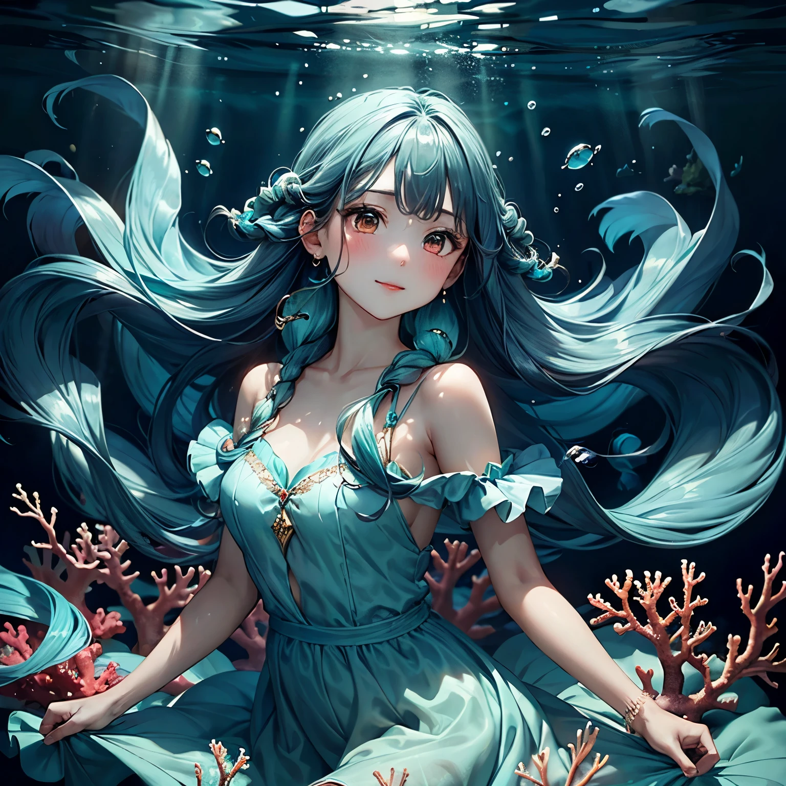 A dreamy girl with long flowing turquoise hair, wearing a dress resembling gentle ocean waves, adorned with accessories shaped like fish, floating underwater surrounded by colorful coral reefs, serene expression, bubbles around her, soft ethereal lighting, high detail