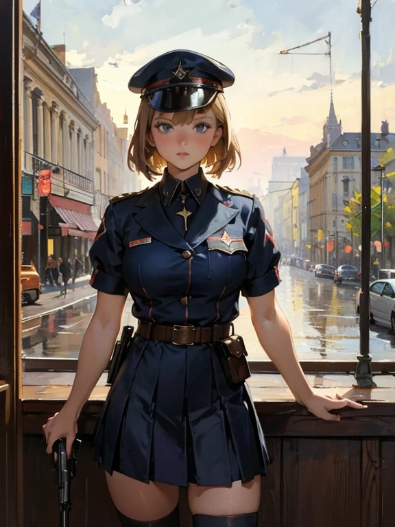 masterpiece, best quality, highres 
solo, 1girl, cowboy shot, :o
p38 \(girls' frontline\), p38original, brown hair, purple eyes, (garrison cap:1.2), military uniform, short sleeves, pleated skirt, belt pouch, iron cross medal, thighhighs, holding gun, handgun, walther　　art by (Carl Larsson:1.2),(post-Impressionist),,((oil painting)),soft lighting,COOL,cammy sf6, 1girl,solo,blonde hair, short hair,Absurd resolution, A high resolution, (tmasterpiece:1.4), ((gigantic braests)), ultra - detailed, 1girll, brown color eyes, cabelos preto e longos，Wear a police uniform and a short skirt, the city street,sexyposture, The camera is close to the body