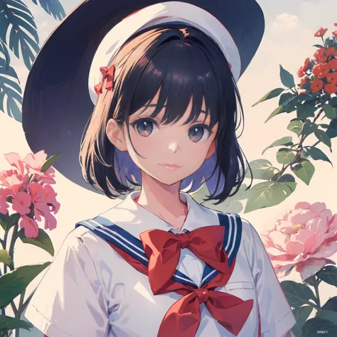 create an illustration of a character with short hair and a sailor uniform , white sailor suit,red bow tie and flowers in hair. ...