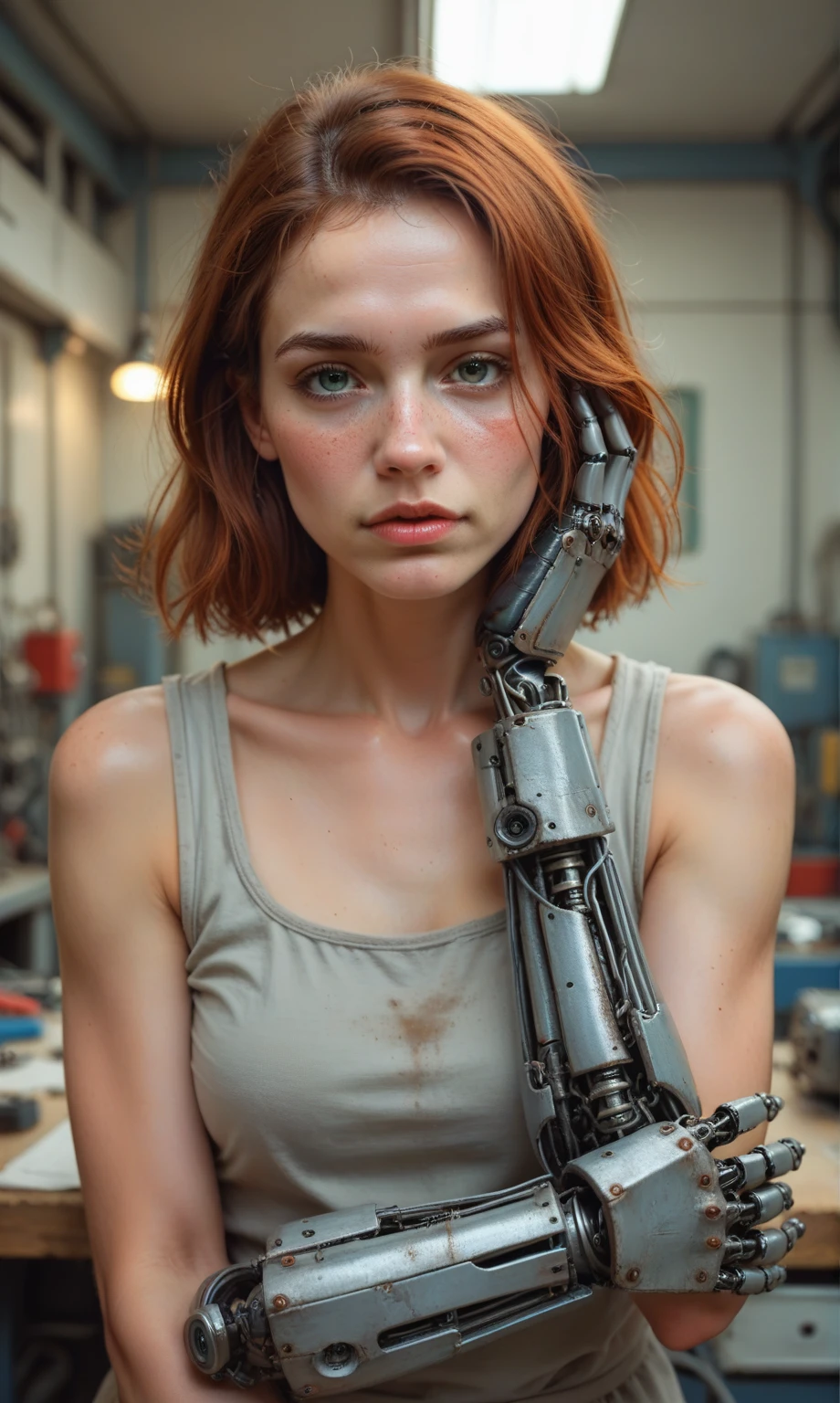 score_9, score_8_up, score_7_up, score_6_up, sharp, photo, rusty robot, cyborg, repairing himself in a workshop, mechanical arms, mechanical face, mechanical body, old rusty metal, protruding wires, machine oil, gloomy photo, looking at viewer, depth of field, bokeh, HDR