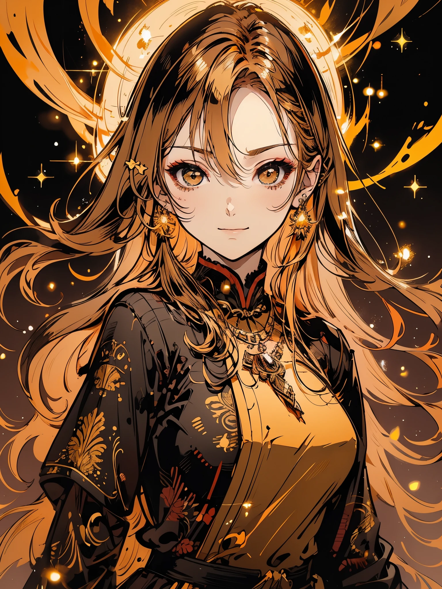 Girl, flowing golden blonde hair, yellow eyes, golden imperial outfit, neckline, anime, the background is a clear sky with twinkling lights, dynamic angle, arrogant laughter