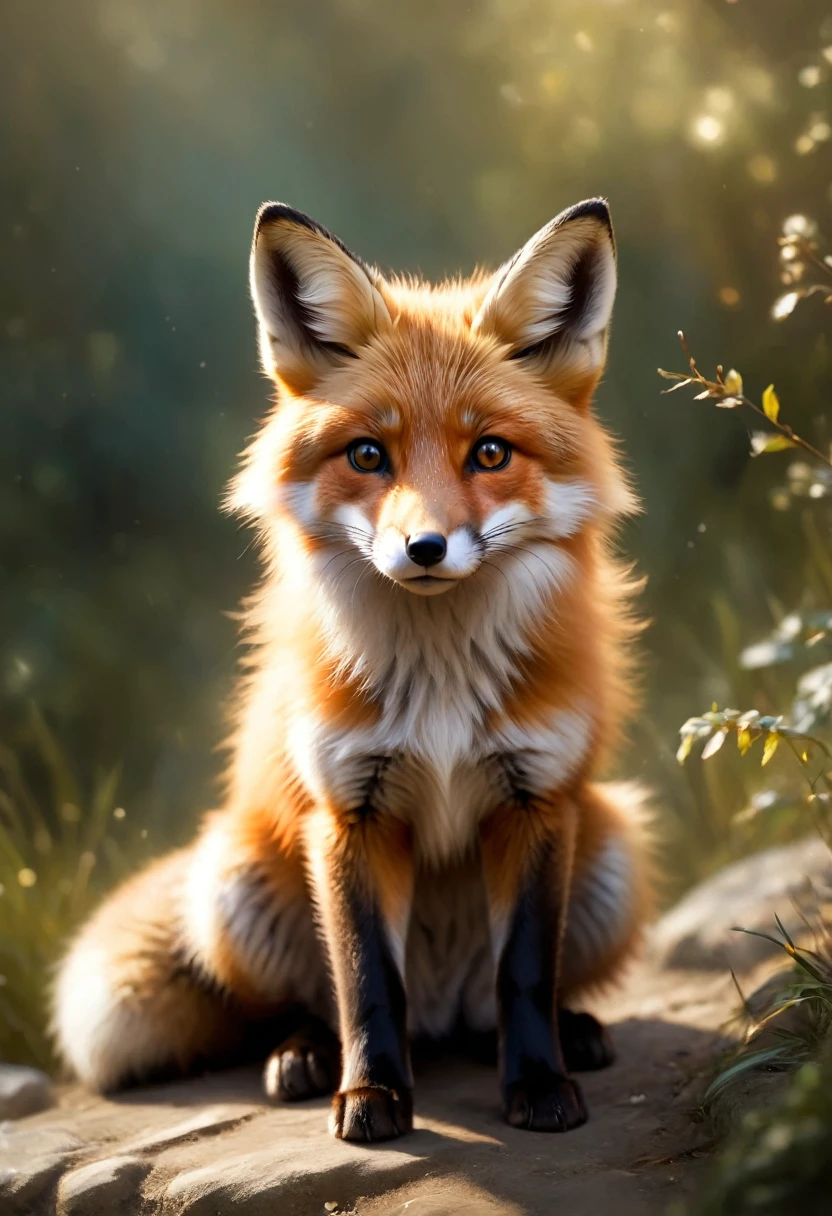 A cute fox greets the viewer, Pierre＝Art by Auguste Renoir and Jeremy Mann, (Viewpoint angle:1.2), Realistic, Ray Tracing, Beautiful lighting,masterpiece,National Geographic,Emphasis on realism,Blurred Background