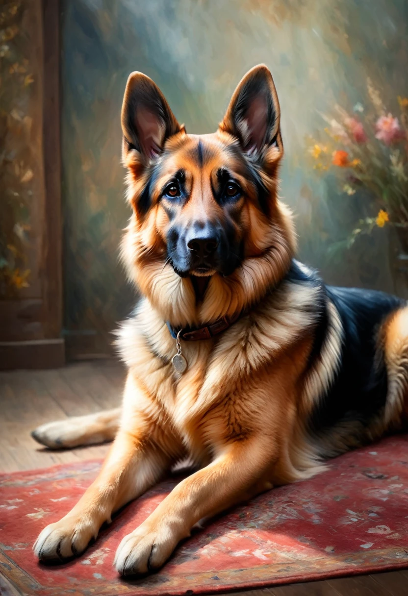 A cute German shepherd greets the viewer, Pierre＝Art by Auguste Renoir and Jeremy Mann, (Viewpoint angle:1.2), Realistic, Ray Tracing, Beautiful lighting,masterpiece,National Geographic,Emphasis on realism,Blurred Background