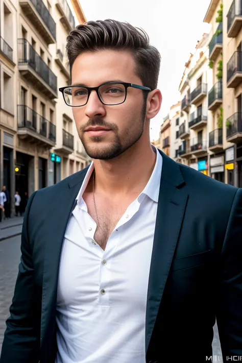 1man, A full body shot of a charismatic male fitness model, 30 years old，small beard, Sexy and charming expression，gloomy eyes，Blue eyes, captured walking in a Barcelona street, wearing a fitted long-sleeve white shirt, black suit pants and round-rimmed glasses, soft natural lighting, cinematic and moody, (best quality,4k,8k,highres,masterpiece:1.2),ultra-detailed,(realistic,photorealistic,photo-realistic:1.37),HDR,studio lighting,professional,vivid colors,dramatic lighting