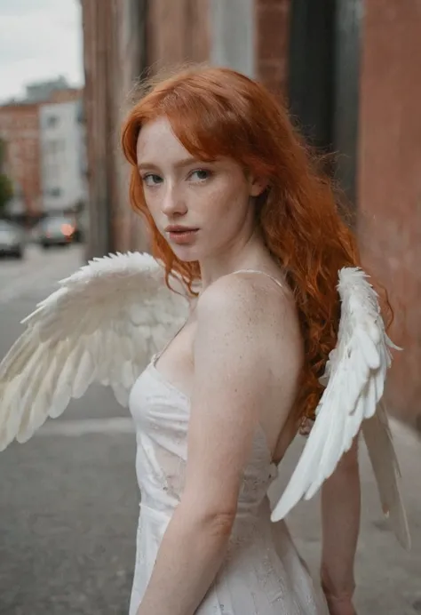 /imagine prompt: redhead angel girl influencer captured in photography through a 35mm lens, evoking the raw authenticity of stre...