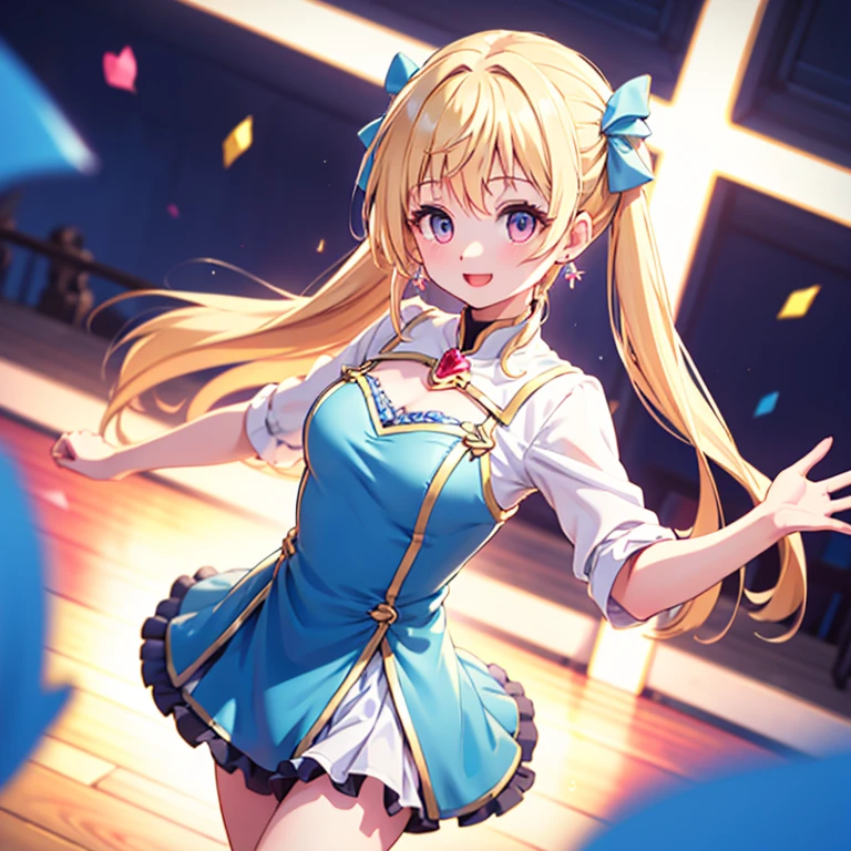 Cinematic Light, Alone, (((1 girl))), blonde, Long Hair, Twin tails, Red eyes, jewelry, Earrings, Idol Costumes, Cute frills, Pastel colors, Beautiful thighs, Flared Skirt, (smile:1.5), ((Open your mouth:1.2)), ((Random Action Pose:1.2, heartが弾ける)), (tits), Lots of confetti, ((dance, Dutch Angle, heart:1.1)), Beautiful Skin, Shiny skin, Perfect Fingers, Five fingers, Background Blur, high quality, Surreal, Bright colors, ((Very detailed, photo shoot)),