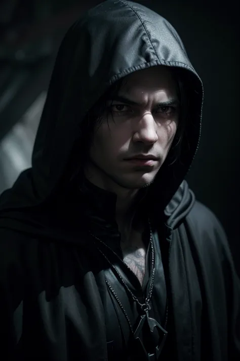 Dante, the enigmatic leader of the Order of Shadows, who can manipulate shadows and vanish into the darkness. His quest for vengeance shapes his actions, 1 man, dark hooded cloak, intense gaze, dramatic lighting, brooding expression, powerful yet mysterious aura, sinister shadow manipulation, dark fantasy environment, moody colors, (best quality,4k,8k,highres,masterpiece:1.2),ultra-detailed,(realistic,photorealistic,photo-realistic:1.37),highly detailed portrait, dramatic lighting, cinematic composition, dark fantasy, chiaroscuro, dramatic shadows, muted color palette