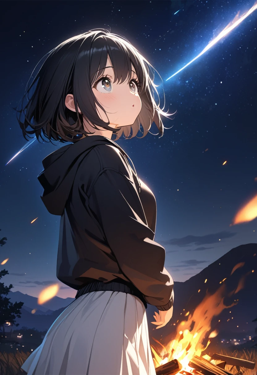 One girl, solo black hair,Looking up at the night sky,Look Up、From the side、,Black hoodie, White Skirt, Black Eyes, Short Hair, High resolution, (Cowboy Shot:1.2),Great graphics、( illustration: 0. 8),(beautiful detailed eyes: 1.6),masterpiece、Best Quality、High resolution、Very detailed、 Bonfire, Midnight, Starry Sky, meteor, Beautiful sky,Realistic lighting and shadows