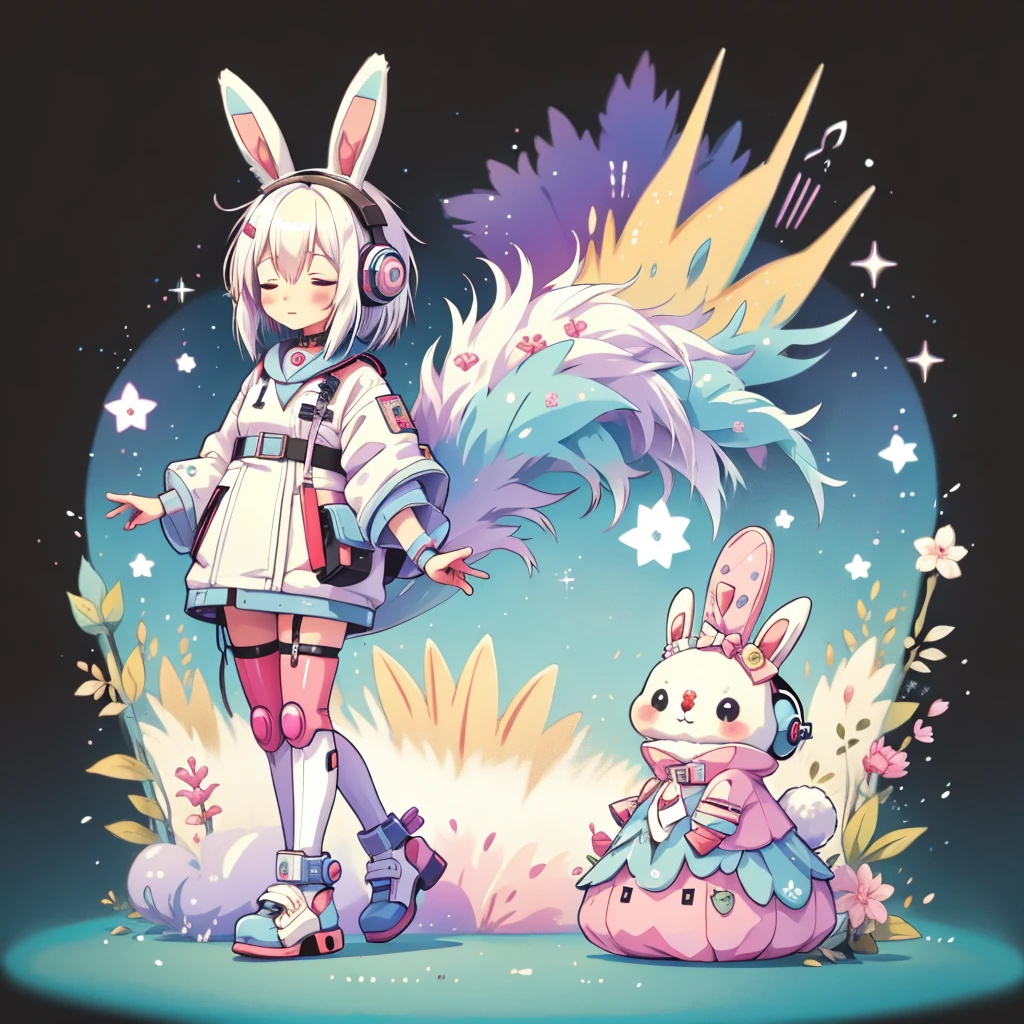 wonderful, Full Body Shot, Vibrant colors, Anime white hair girl with sci-fi headphones,Wearing rabbit ears, Cyberpunk Outfit, AR Vision, Close your eyes and relax , Cute art style, Anime Style 4k, Cute stuffed rabbit