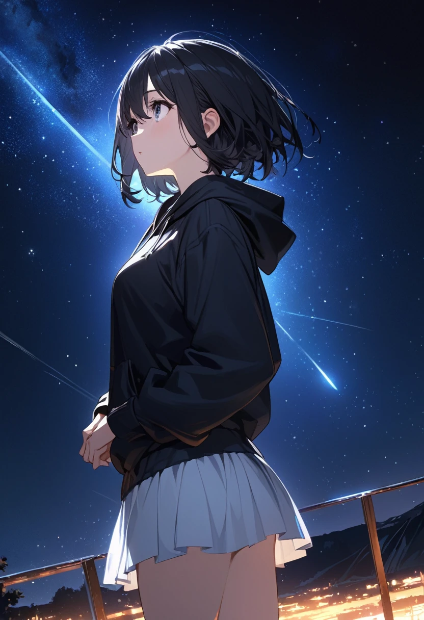 One girl, solo black hair,Looking up at the night sky,Look Up、From the side、,Black hoodie, White Skirt, Black Eyes, Short Hair, High resolution, (Cowboy Shot:1.2),Great graphics、( illustration: 0. 8),(beautiful detailed eyes: 1.6),masterpiece、Best Quality、High resolution、Very detailed、Midnight, Starry Sky, meteor, Beautiful sky,Realistic lighting and shadows