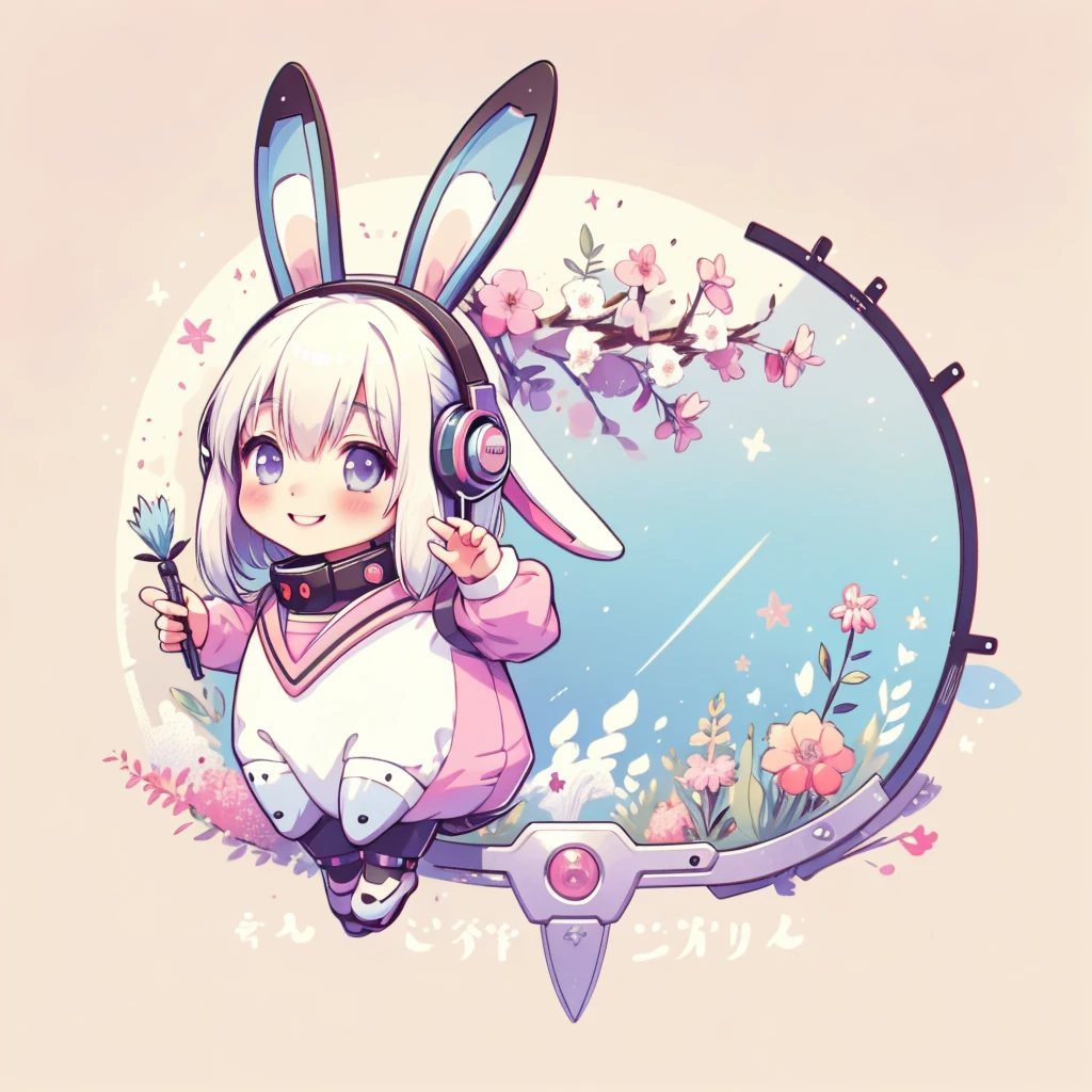 wonderful, Full Body Shot, Vibrant colors, Anime white hair girl with sci-fi headphones,Wearing rabbit ears, Cyberpunk Outfit, AR Vision, The best smile , Cute art style, Anime Style 4k, Cute stuffed rabbit