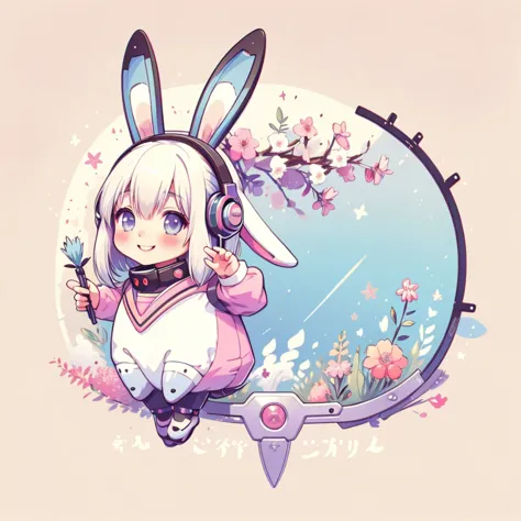 wonderful, full body shot, vibrant colors, anime white hair girl with sci-fi headphones,wearing rabbit ears, cyberpunk outfit, a...