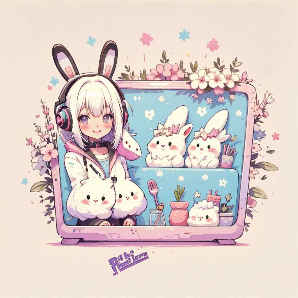 wonderful, Full Body Shot, Vibrant colors, Anime white hair girl with sci-fi headphones,Wearing rabbit ears, Cyberpunk Outfit, AR Vision, The best smile , Cute art style, Anime Style 4k, Cute stuffed rabbit