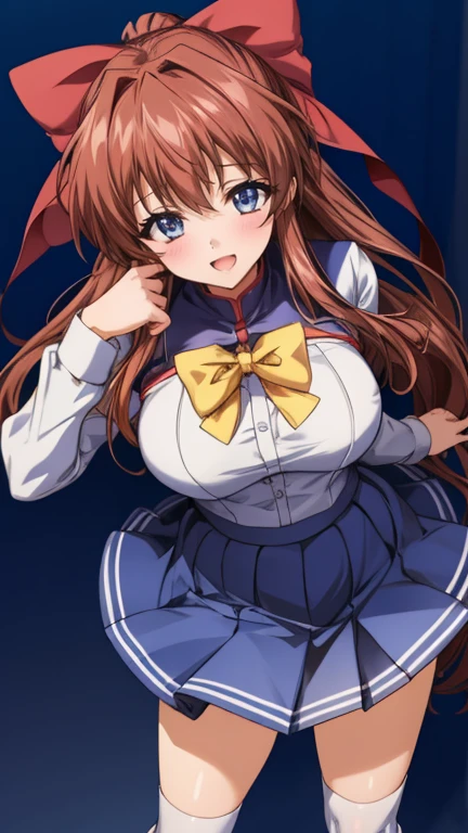 Anime illustration　learn, 1 person, Hair Ribbon, School uniform, Long sleeve, Bow tie, Blue Skirt,Big Breasts、Ahegao　Open your mouth, Standing, From above, She holds up her skirt with her hands., I can see her panties　Standing　Skirt flip, High Knee Socks　Two wrist