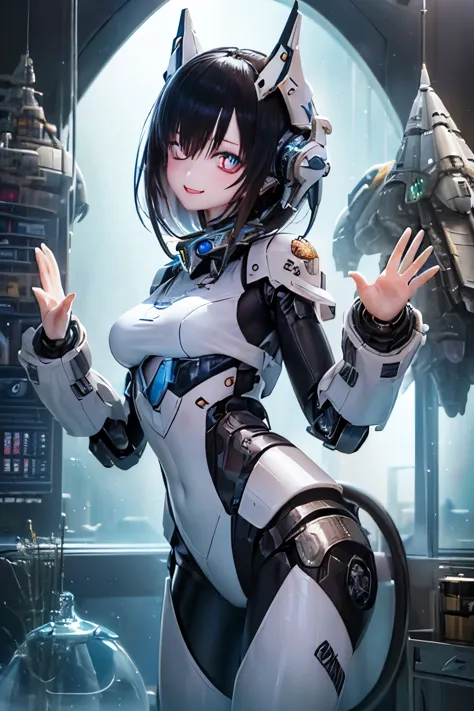 (SFW:2), photorealistic, realistic photo, 8k, ((highest quality)), ((masterpiece)), (extremely detailed), kukolnydom, doll, mecha musume, mechanical parts, (robot joints, bodysuit, head gear), (cowboy shot, spaceship room, mature woman, 22yo, 22_years_old, solo:1.6), (standing, waving, light smile, black hair, medium hair, medium breasts, glass eyes, gradient eyes, shining eyes, detailed eyes:1.3)