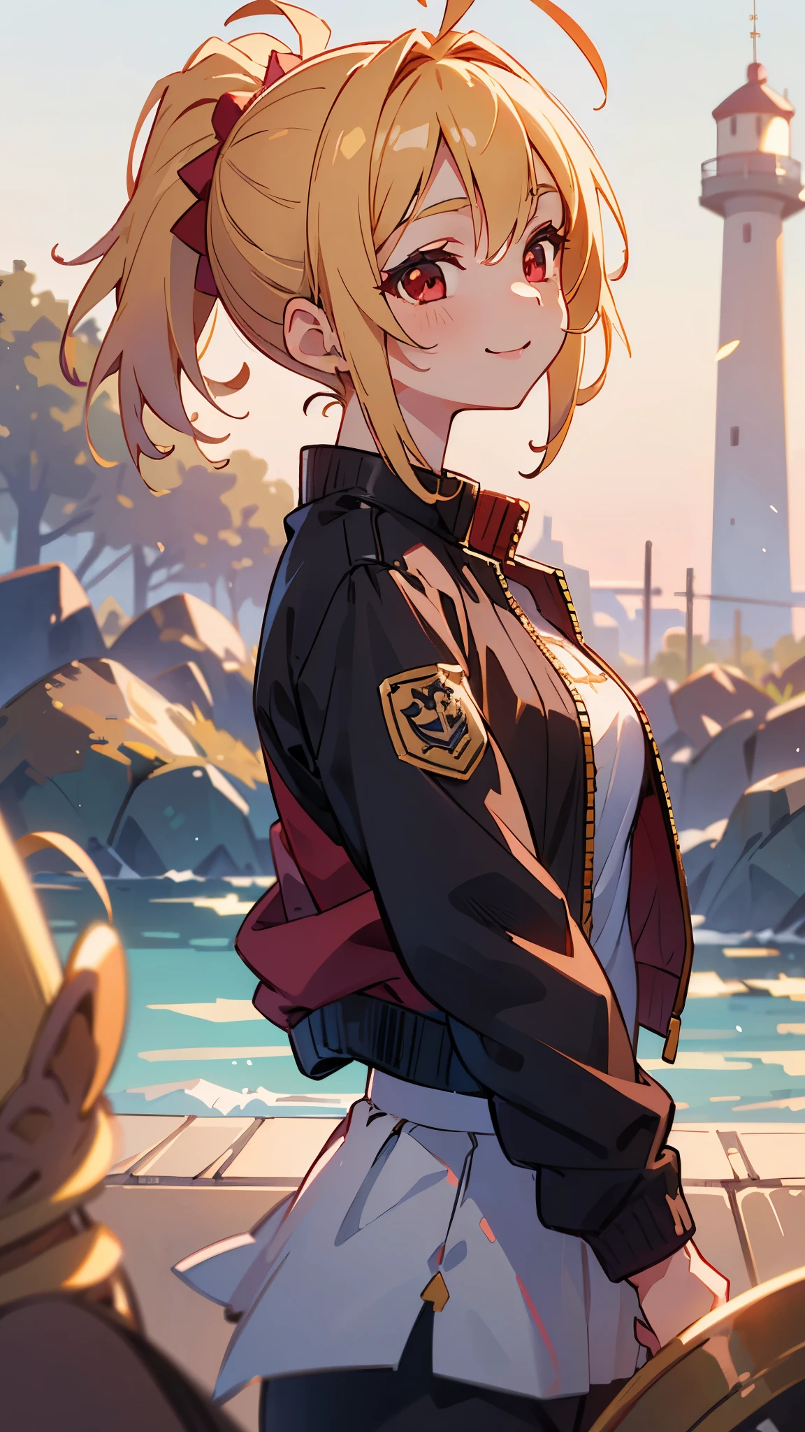 1 Girl、Sharp Focus、(Bokeh) (Best Quality) (Skin definition:1.3) (Fine details) (anime)、 age、Blonde ponytail、Ahoge、Beautiful red eyes、Black rider jacket、smile、From the side、shirt、Slender body、From the side、Upper body close-up、Golden Hour Sky、Lighthouse Background