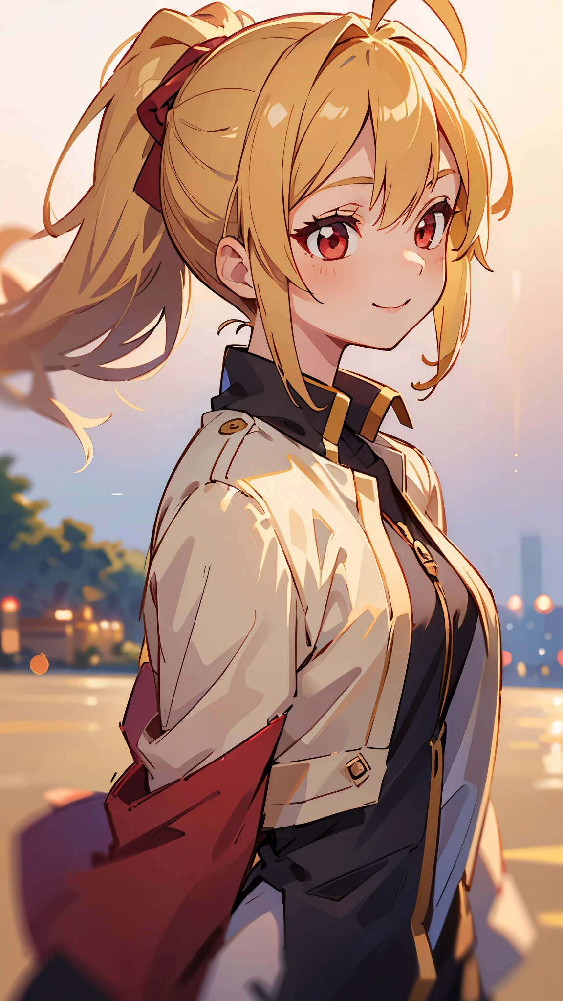 1 Girl、Sharp Focus、(Bokeh) (Best Quality) (Skin definition:1.3) (Fine details) (anime)、 age、Blonde ponytail、Ahoge、Beautiful red eyes、Black rider jacket、smile、From the side、shirt、Slender body、From the side、Upper body close-up、Golden Hour Sky、Lighthouse Background