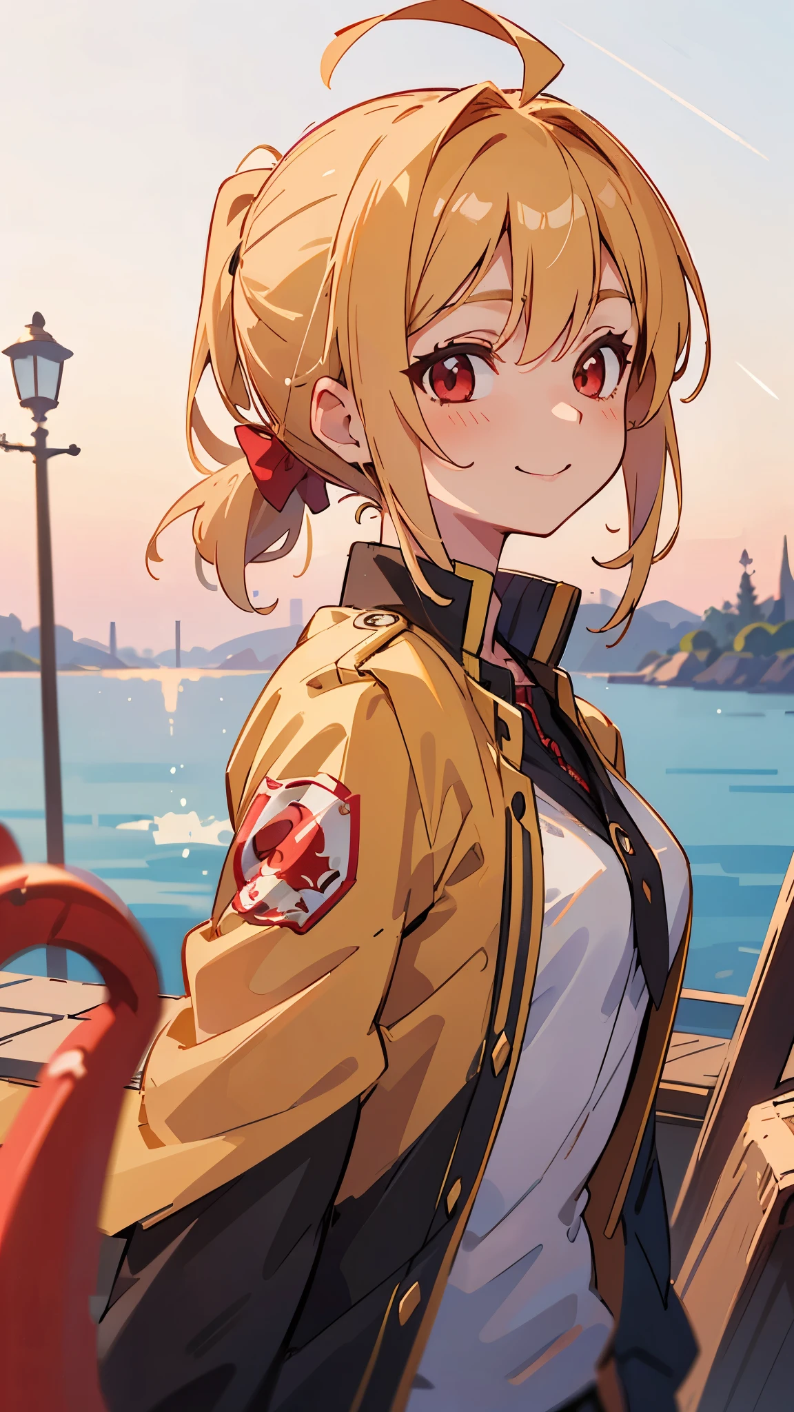 1 Girl、Sharp Focus、(Bokeh) (Best Quality) (Skin definition:1.3) (Fine details) (anime)、 age、Blonde ponytail、Ahoge、Beautiful red eyes、Black rider jacket、smile、From the side、shirt、Slender body、From the side、Upper body close-up、Golden Hour Sky、Lighthouse Background