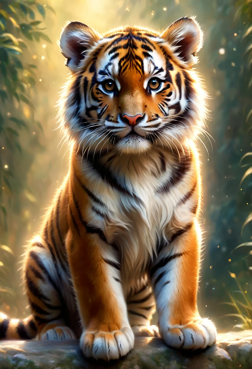 A cute tiger greets the viewer, Pierre＝Art by Auguste Renoir and Jeremy Mann, (Viewpoint angle:1.2), Realistic, Ray Tracing, Beautiful lighting,masterpiece,National Geographic,Emphasis on realism,Blurred Background