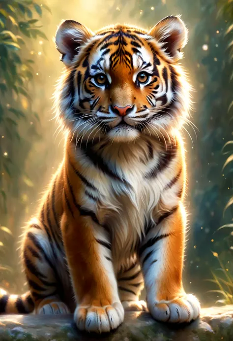 a cute tiger greets the viewer, pierre＝art by auguste renoir and jeremy mann, (viewpoint angle:1.2), realistic, ray tracing, bea...