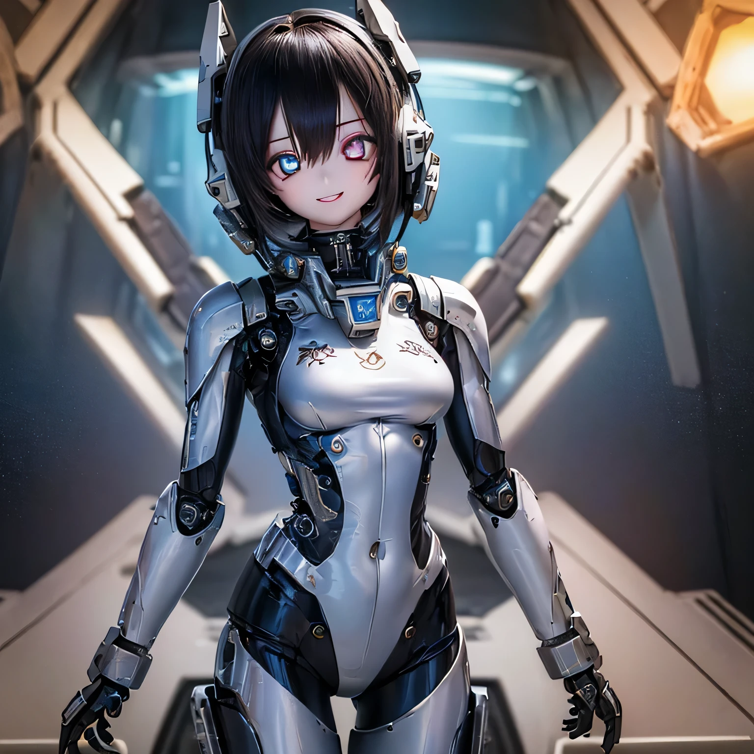 (SFW:2), photorealistic, realistic photo, 8k, ((highest quality)), ((masterpiece)), (extremely detailed), kukolnydom, doll, mecha musume, mechanical parts, (robot joints, bodysuit, head gear), (cowboy shot, spaceship room, mature woman, 22yo, 22_years_old, solo:1.6), (acrobatic pose, light smile, black hair, medium hair, medium breasts, glass eyes, gradient eyes, shining eyes, detailed eyes:1.3)