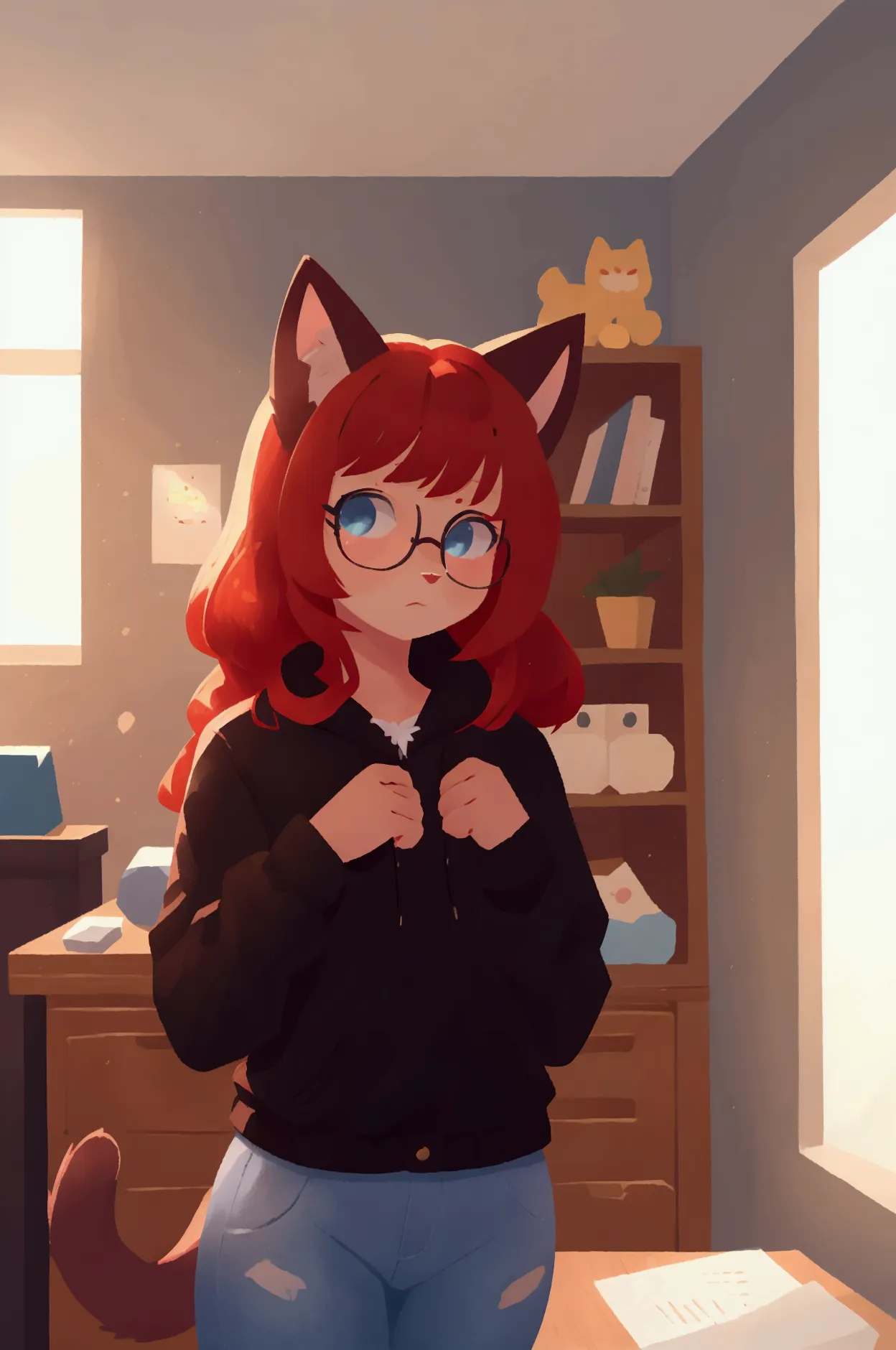 a redhead cat hybrid girl, cat tail, cat ears, big blue eyes, chaqueta negra de cuero, denim pants, glasses, in an apartment, wi...