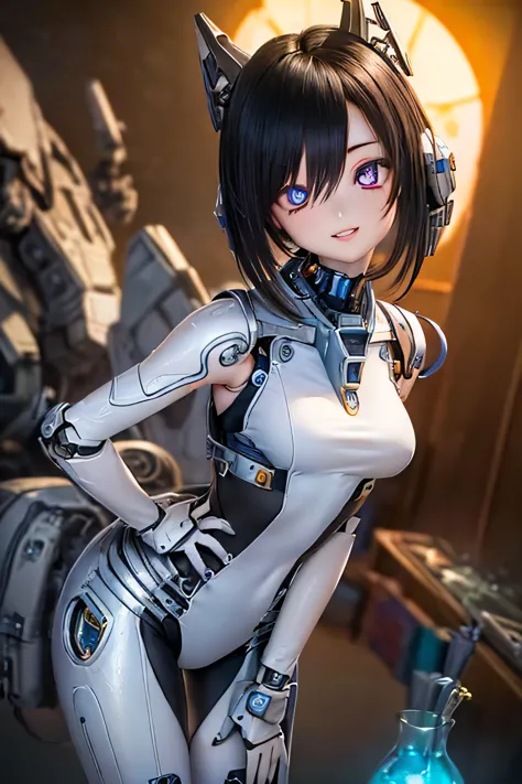 (SFW:2), photorealistic, realistic photo, 8k, ((highest quality)), ((masterpiece)), (extremely detailed), kukolnydom, doll, mecha musume, mechanical parts, (robot joints, bodysuit, head gear), (cowboy shot, spaceship room, mature woman, 22yo, 22_years_old, solo:1.6), (leaning forward, hands on own knees, light smile, parted lips, black hair, shoulder length, medium breasts, glass eyes, gradient eyes, shining eyes, detailed eyes:1.3)