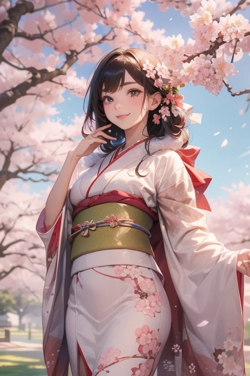 masterpiece, Best Quality, Very detailed, 1girl, face: sweet girl, medium breasts, color long-sleeved kimono, color furisode kimono, fur long stole. spread arms. smile. Cherry blossom background. Looking up at the cherry blossoms.
