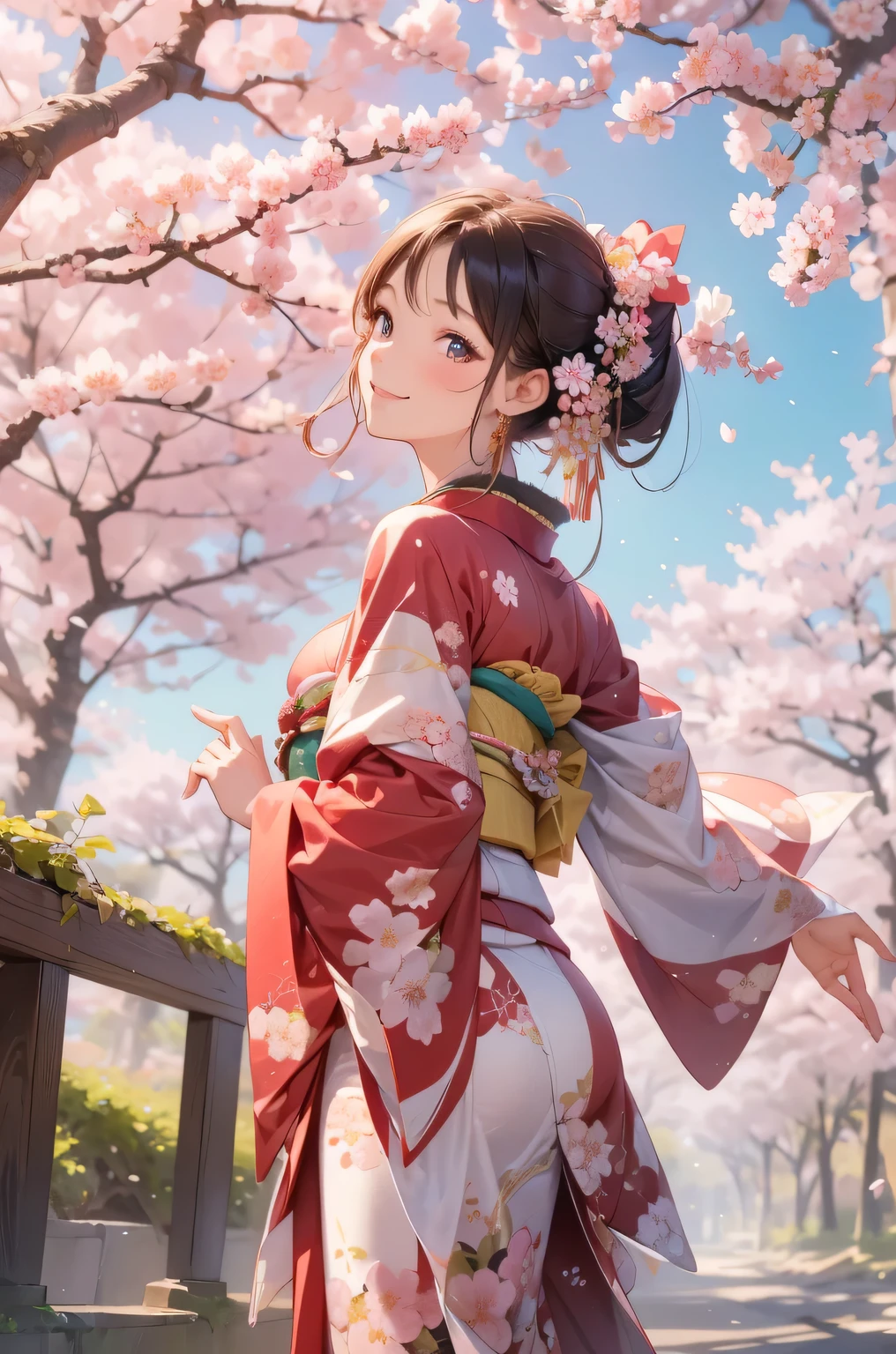 masterpiece, Best Quality, Very detailed, 1girl, face: sweet girl, medium breasts, color long-sleeved kimono, color furisode kimono, fur long stole. spread arms. smile. Cherry blossom background. Looking up at the cherry blossoms.