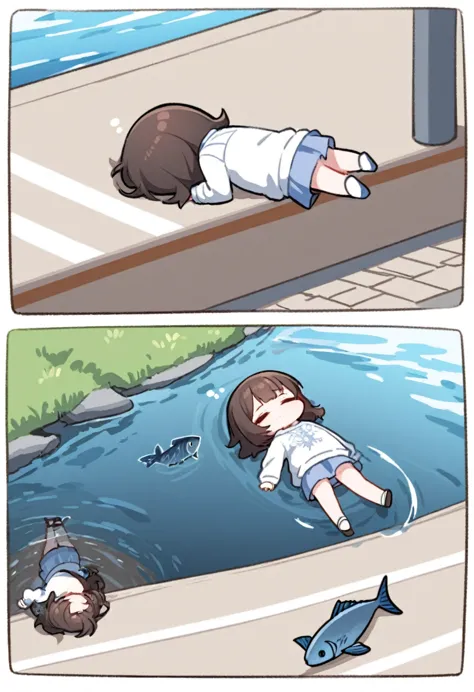 Chibi, One girl, Face down, spread, whole body, Casual clothing, Lying down, Asleep, back of head, relax,Do you look dead?? ,Rear View,break,Pedestrian path along the river, (A fallen bike by her side), (A banana beside her、Skin only), Fish jumping out of the river